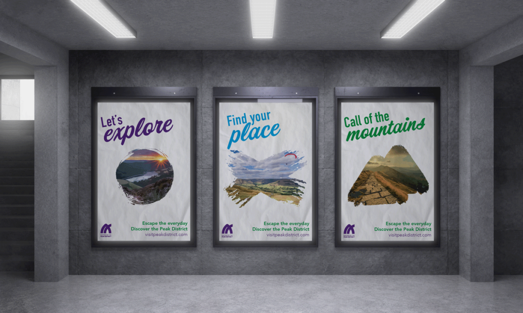 Three posters promoting the Peak District located at a train station