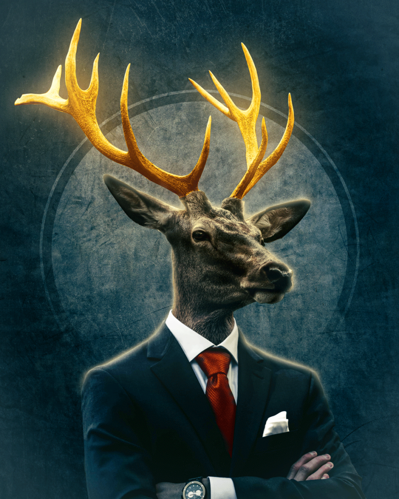 Graphic illustration of deer wearing suit, with illuminated antlers