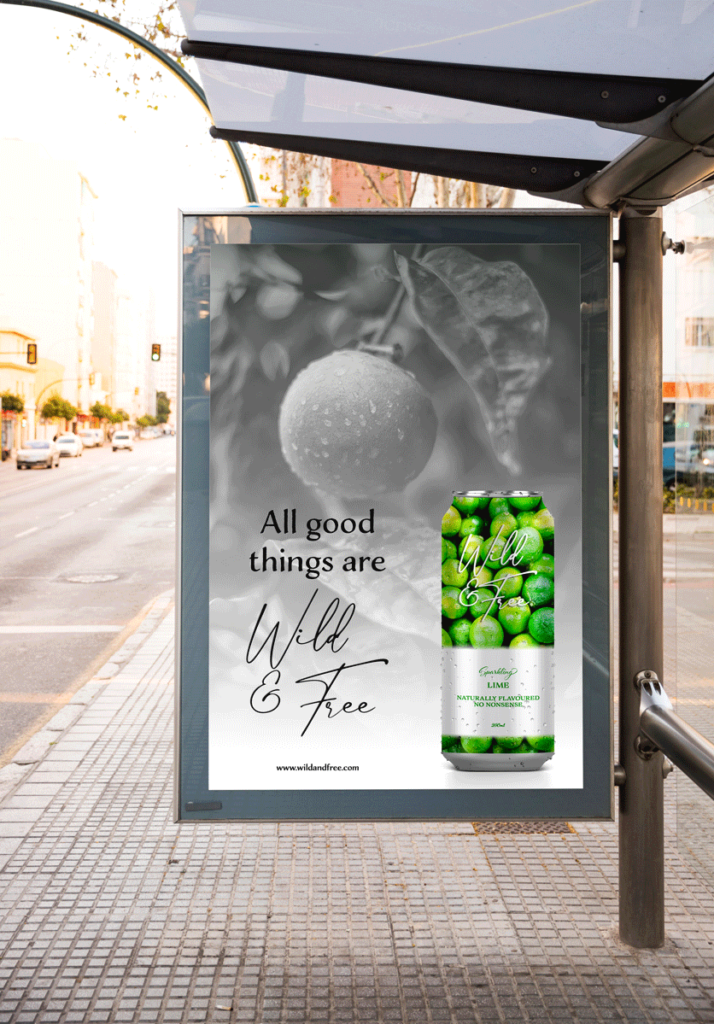 Poster displaying Wild & Free drink at a bus stop