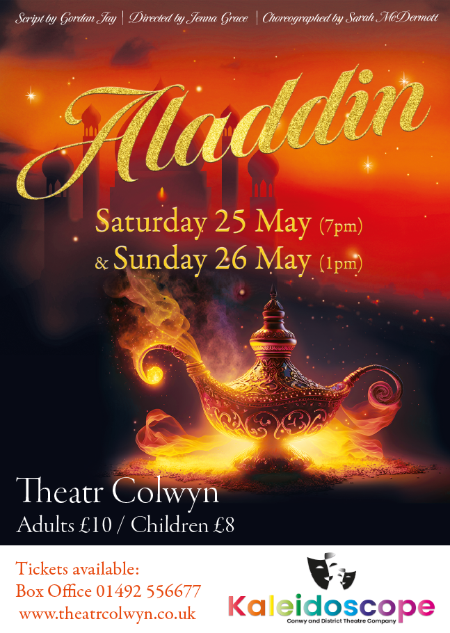 Flyer promoting Aladdin theatre production by Kaleidoscope. Flyer features a gold lap set in a Middle Easter town background