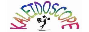 Kaleidoscope's original logo with text saying Kaleidoscope in an arc, made up of colourful letters. Underneath which is a dancing person with a theatre mask in one hand and a flag in the other.