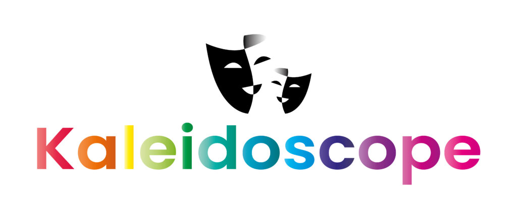 Kaleidoscope logo featuring the word Kaleidoscope, each letter a different colour. Above the word sits two smiling theatre faces, both half black and half white.